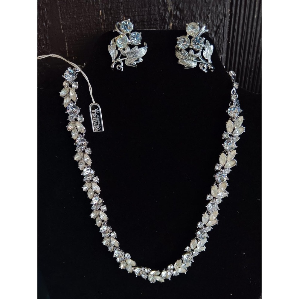 VINTAGE CROWN TRIFARI NECKLACE EARRINGS SET RHINESTONE RARE STUNNING 1950'S WOW